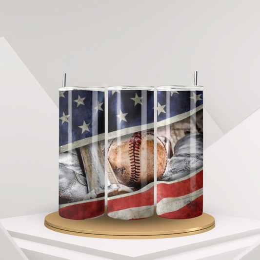 20 oz Baseball & American Flag Tumbler | Stainless Steel with Rubber Bottom & Plastic Straw