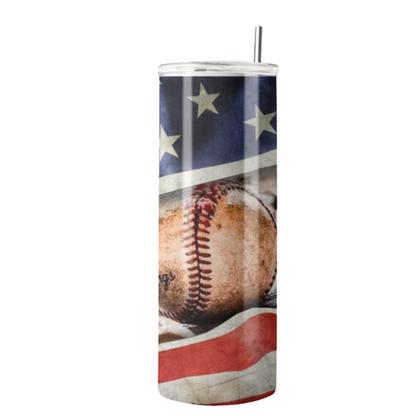 20 oz Baseball & American Flag Tumbler | Stainless Steel with Rubber Bottom & Plastic Straw