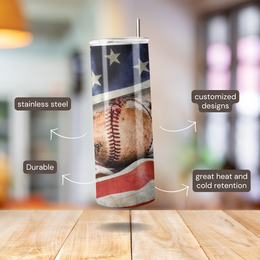 20 oz Baseball & American Flag Tumbler | Stainless Steel with Rubber Bottom & Plastic Straw