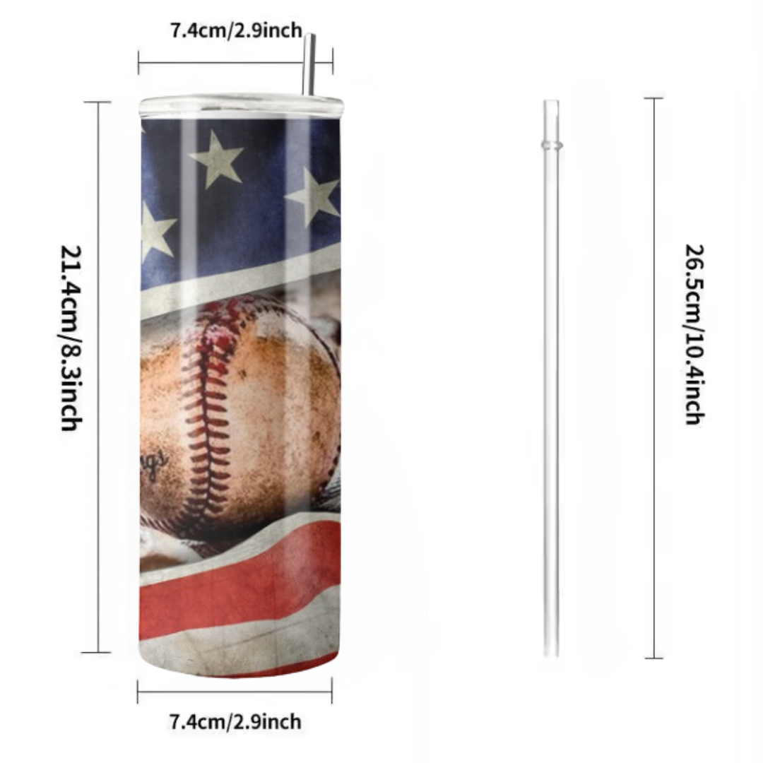 20 oz Baseball & American Flag Tumbler | Stainless Steel with Rubber Bottom & Plastic Straw