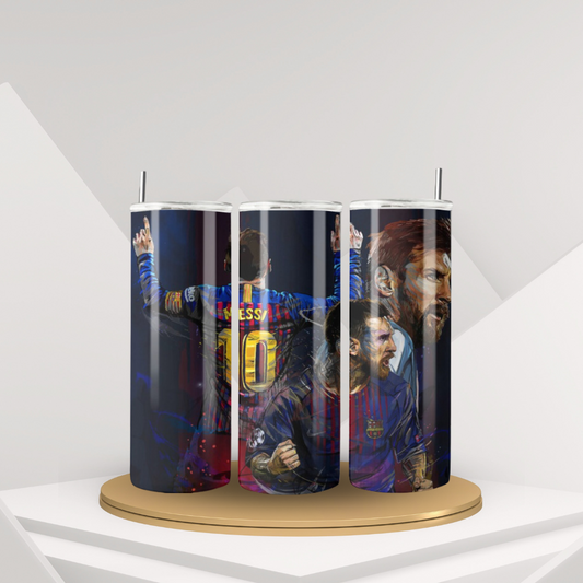 20 oz Lionel Messi Design Tumbler | Stainless Steel with Rubber Bottom & Plastic Straw