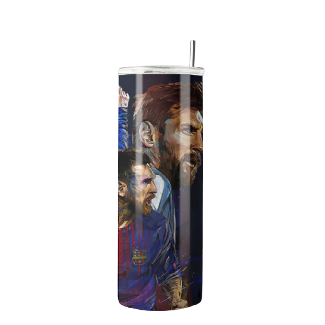 20 oz Lionel Messi Design Tumbler | Stainless Steel with Rubber Bottom & Plastic Straw