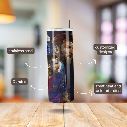 20 oz Lionel Messi Design Tumbler | Stainless Steel with Rubber Bottom & Plastic Straw