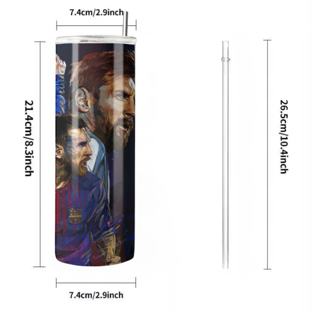 20 oz Lionel Messi Design Tumbler | Stainless Steel with Rubber Bottom & Plastic Straw