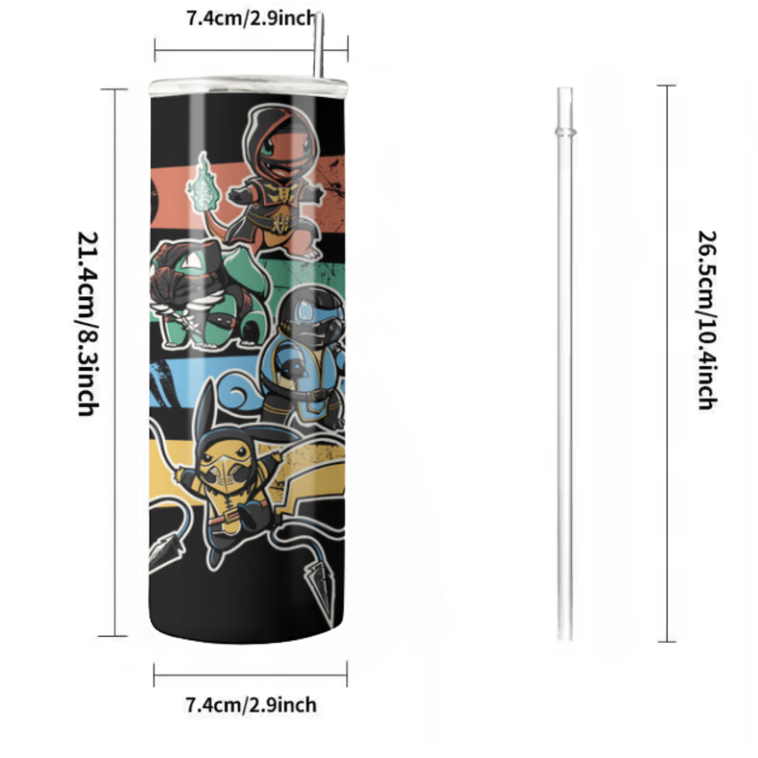 20 oz Pokémon Initials x Mortal Kombat Cosplay Tumbler | Stainless Steel with Rubber Bottom & Plastic Straw