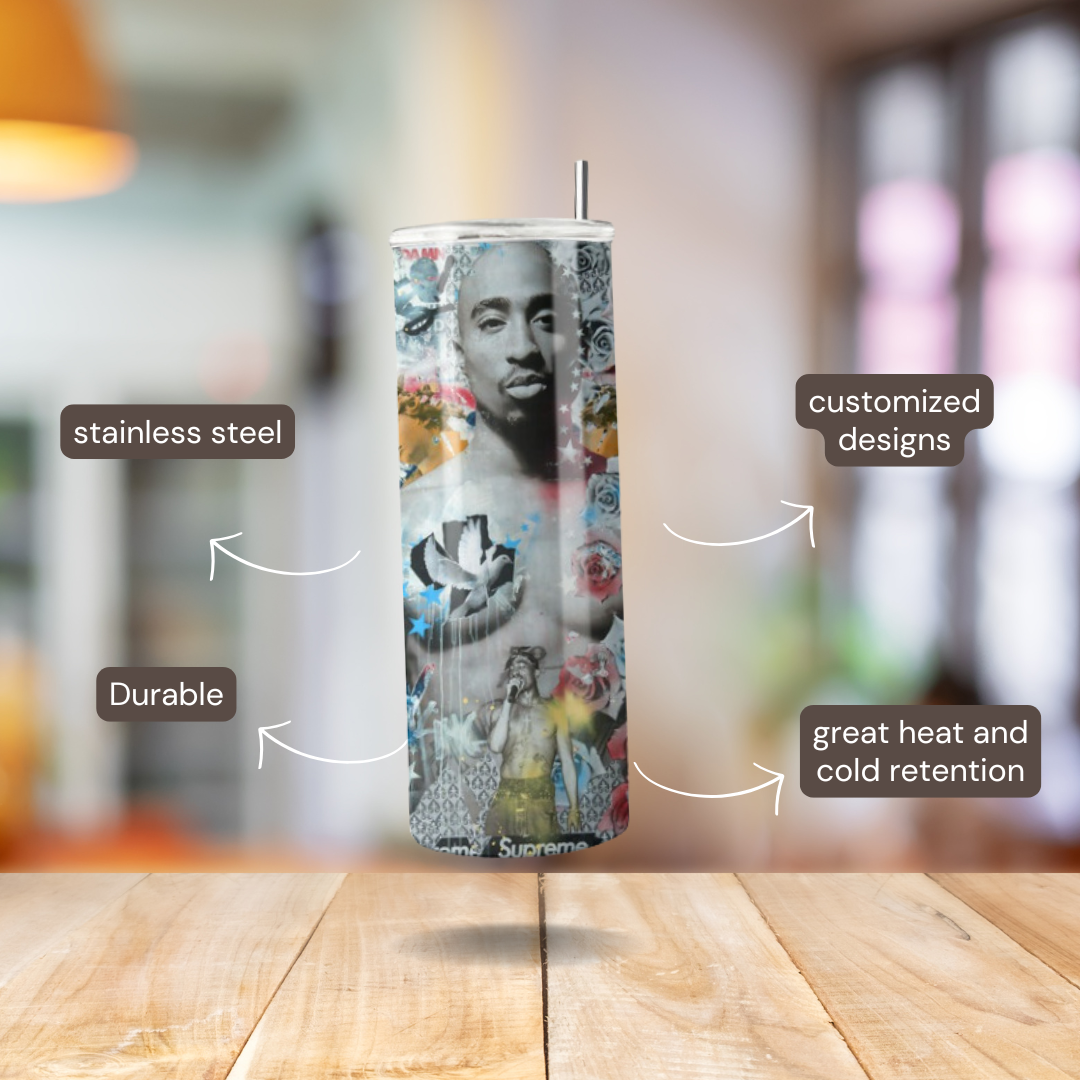 20 oz Tupac-Inspired Tumbler | Stainless Steel with Rubber Bottom & Plastic Straw