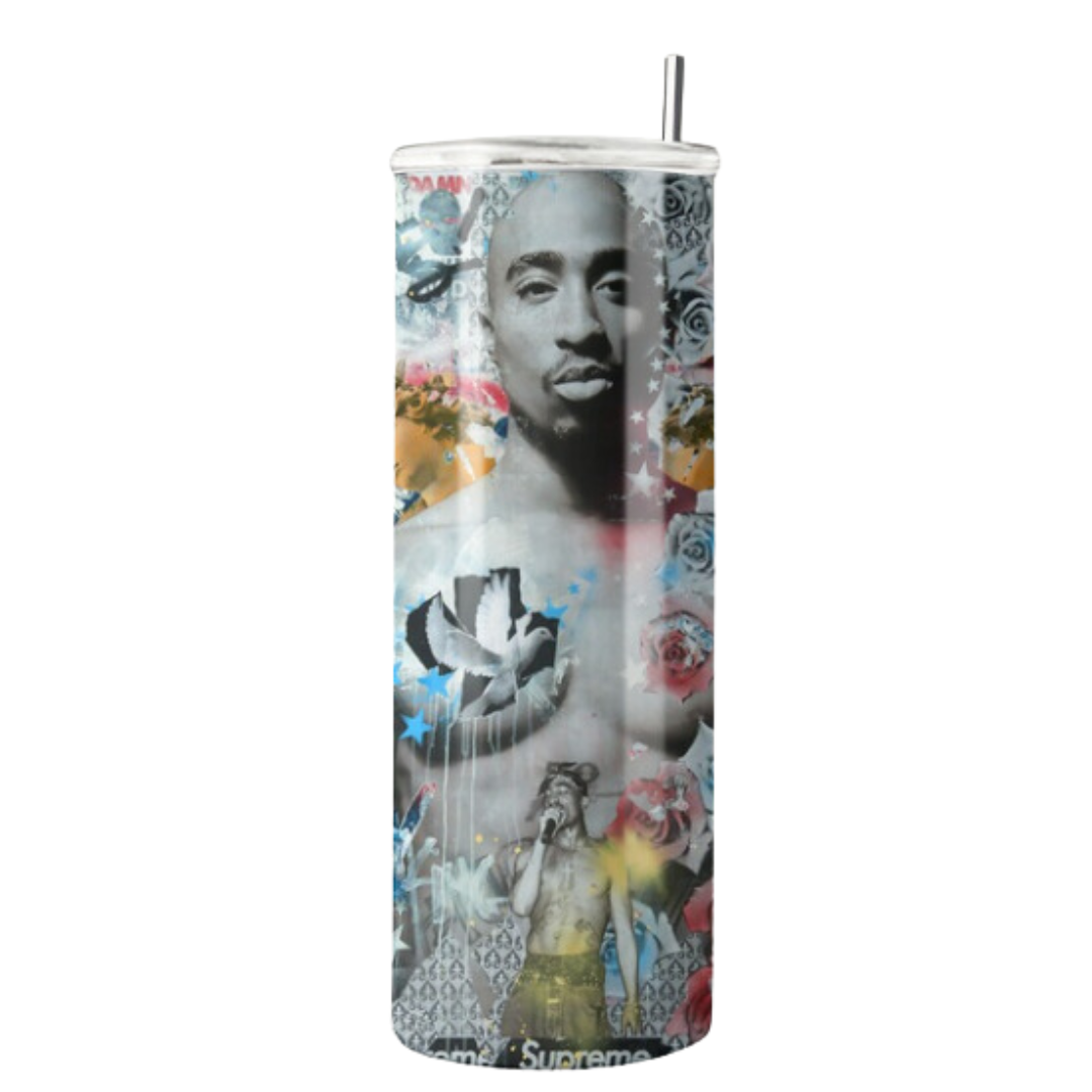 20 oz Tupac-Inspired Tumbler | Stainless Steel with Rubber Bottom & Plastic Straw