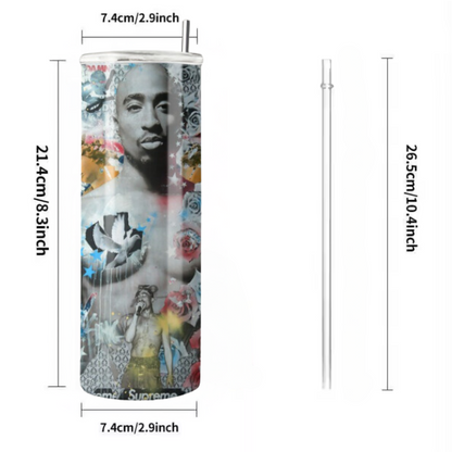 20 oz Tupac-Inspired Tumbler | Stainless Steel with Rubber Bottom & Plastic Straw