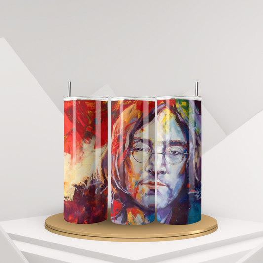 20 oz John Lennon-Inspired Tumbler | Stainless Steel with Rubber Bottom & Plastic Straw