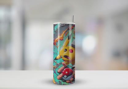 20 oz Ash and Pikachu Tumbler | Stainless Steel with Rubber Bottom & Plastic Straw